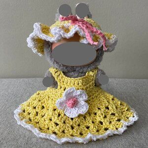 Handmade Crochet Spring Summer Yellow White Outfit for 17cm Doll 2-Piece Set